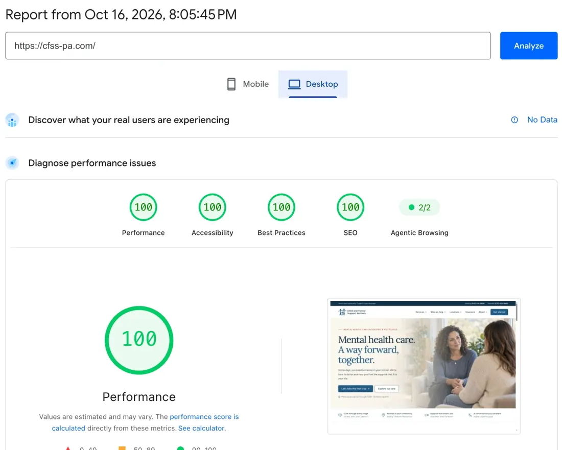 Google PageSpeed Insights desktop report for cfss-pa.com from October 16, 2026: Performance 100, Accessibility 100, Best Practices 100, SEO 100