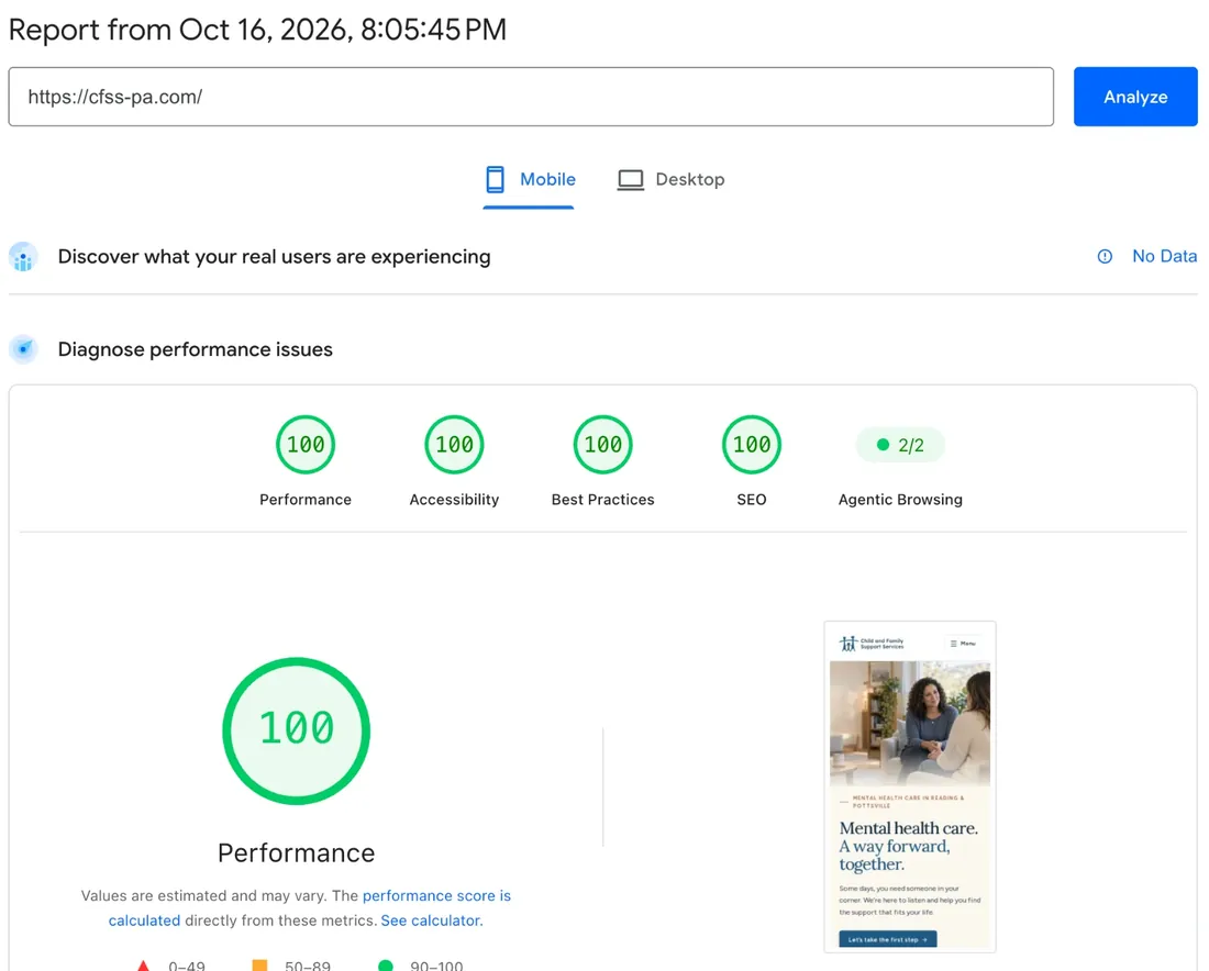 Google PageSpeed Insights mobile report for cfss-pa.com from October 16, 2026: Performance 100, Accessibility 100, Best Practices 100, SEO 100